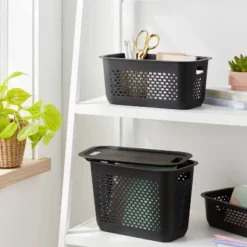 Narrow Medium Decorative Plastic Bin Black - Brightroomâ„¢: Modern Storage With Cut-Out Handles, 13" Cube Compatible